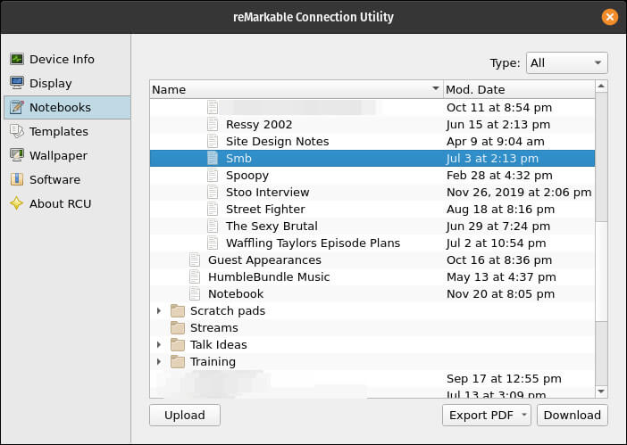 An image of an application called RCU, which is used to connect to the ReMarkble series of e-ink tablets. This image shows that the planning notes for this episode were last updated on July 3rd, 2020