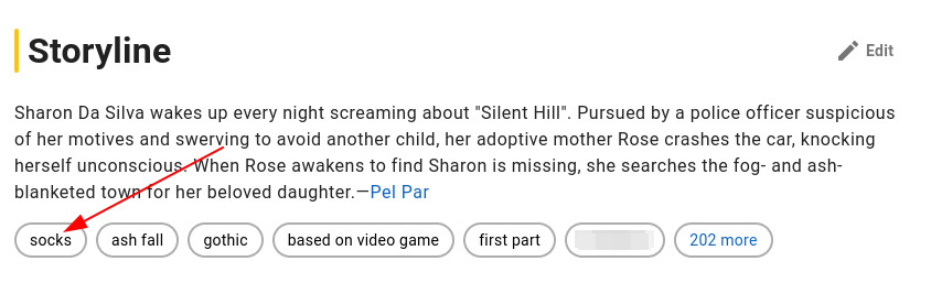 A collection of the user-submitted tags for the IMDB page for Silent Hill (2006), showing the first one as "socks"